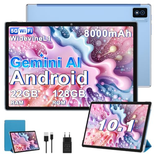 Biegedy 2026 Dernière Tablette Android Gemini AI, Tablette 10 Pouces 22Go RAM + 128Go ROM(TF 2To), avec 5G WiFi Octa-Core 2.0GHz, 8000mAh, GPS, Widevine L1, Tablette Tactile Bleu