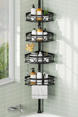 KEGII Telescopic Shower Caddy Corner - Black Shower Shelf with Towel Bar | 4-Tier Storage Rack, 63.5-290cm Adjustable Pole for Bathroom/Bathtub, Stainless Steel, 12 Side Hooks Hold Bath Sponge/Razor