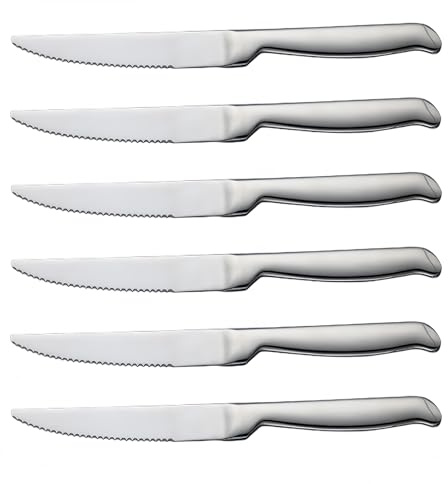 Set Coltelli da Tavola 6 Pezzi in Acciaio Inox, Coltelli da Bistecca con Lama Seghettati Affilata, Impugnatura Ergonomica, Lavabili in Lavastoviglie, Lucidato a Specchio