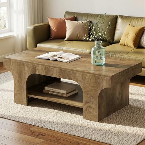 Tribesigns Mesa de Centro 120cm, Mesa Rectangular de 2 Niveles con Almacenamiento, Mesa de Café Estilo Granja de Madera, Mueble Decorativo para Salón, Dormitorio y Oficina en Casa, Marrón