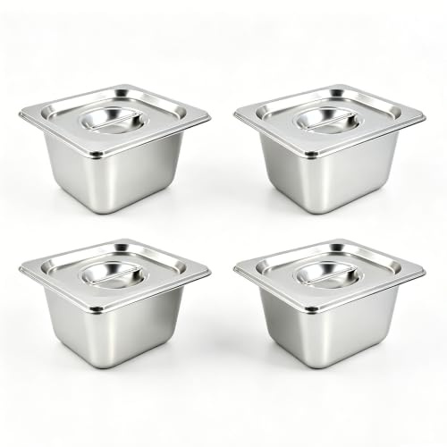 4 Stück gn Behälter mit Deckel, GN Behälter 1/6, Panierschalen Set Gastro Behälter, Edelstahl Behälter mit Deckel, Edelstahlbehälter Gastronormbehälter, Warmhaltebehälter Essen(17,5 x 16,2 x 10 cm)