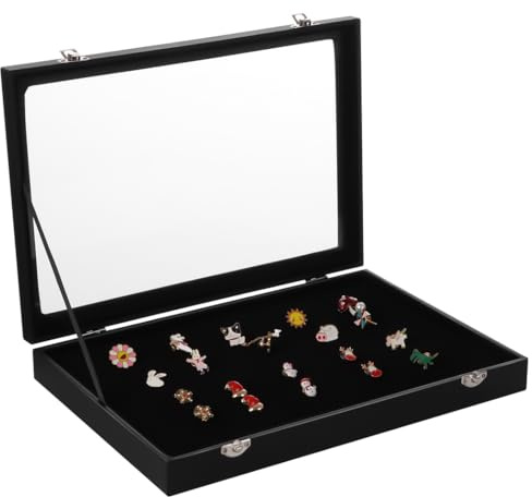 Pin-displayfodral, dammskyddat stift samlarvitrin av PU, transparent presentationsramtavla för militära dailler, strandmärken och smyckestift, 35,1 x 24,1 x 5,1 cm