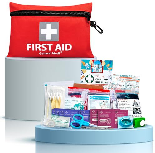 General Medi Mini First Aid Kit, 92 Pieces Small First Aid Kit - Includes Emergency Foil Blanket, Scissors for Travel, Home, Office, Vehicle, Camping, Workplace & Outdoor (Red)