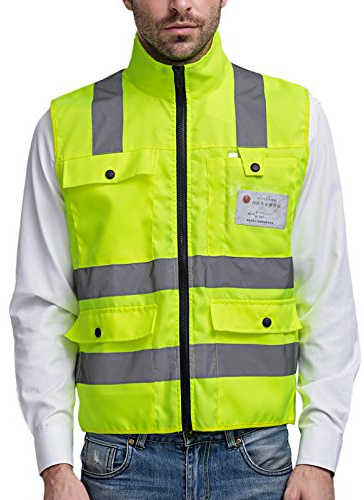 Camilife Herren Stehkragen Warnwesten Reflektierende Westen Sicherheitsweste Hohe Sichtbarkeit Multi-Tasche Mehrfunktional - Fluoreszenz Grün Größe XXL