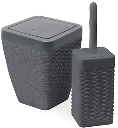 Addis Bagno Quadrato in Finta Rattan, con pattumiera oscillante e scopino per WC, Colore: Grigio Antracite, Pelle, plastica, Carbone, Bin & Toilet Set