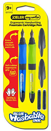 Zieler Ergonomic Handwriting Fountain Cartridge Pen (twin pack) Easywriter – Suitable for right & left handed use – Soft rubber ergonomic grip – Extra smooth medium point nib – 2 ink cartridges