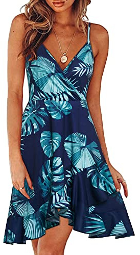 ULTRANICE Women's Summer Floral Wrap V Neck Sundress Adjustable Spaghetti Ruffle Swing Dress