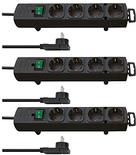 Brennenstuhl Comfort-Line Plus Multiprise 4 prises (avec prise plate, interrupteur, câble de 2 m et espacement extra large des prises) Couleur : noir (4 compartiments, 3 pièces)