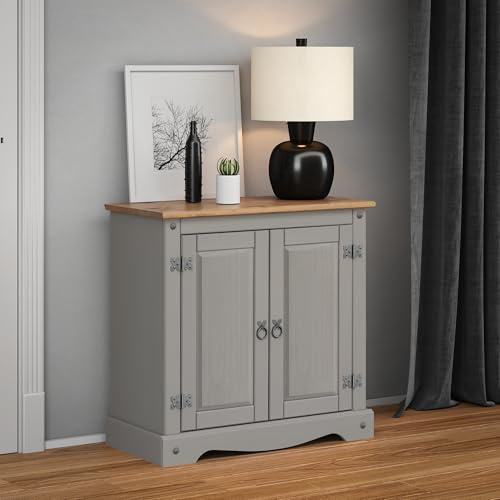 Corona Solid Wood Pine Grey Painted Wax 2 Door Small Sideboard Cupboard Wooden Side Hallway Lounge Living Room Kitchen Bedroom Unit Mexican Style 73cm High 75cm Wide 36cm Deep