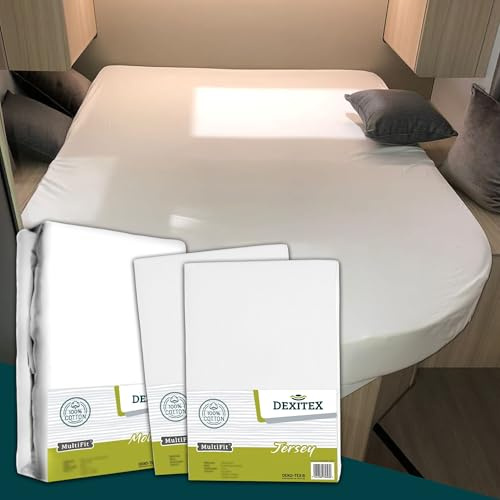 Dexitex Textilpaket 3er Set- Queensbett- 1 Molton mit 2 Spannbettlaken Weiss (135-160cm x 210cm) Für Wohnmobil oder Wohnwagen- Oeko-TEX 100% Baumwolle - 3 Stück, Weiß