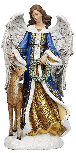 Joseph's Studio by Roman – Engel mit Hirsch, blaue und goldene Figur, 33,7 cm H, Weihnachtskollektion, Harz, dekorativ, Heimdekoration, langlebig, langlebig
