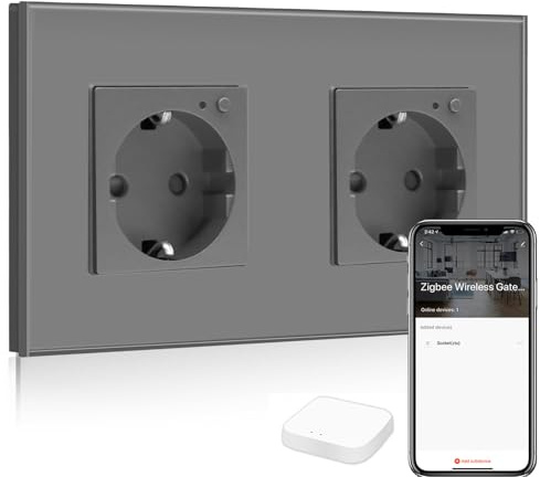 BSEED Smart ZigBee Steckdose, ZigBee schaltbare Steckdose Alexa, arbeitet mit Amazon Alexa und Google Home,2 Fach intelligente Wandsteckdose mit Glaspanel Grau (Tuya ZigBee Hub erforderlich)
