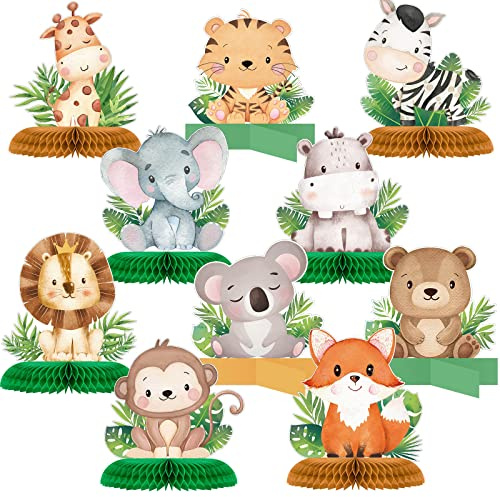 Gueevin 10 Pcs Safari Honeycomb Centerpieces for Baby Shower & Birthday Party Decorations, Jungle Animal Table Centerpieces Set(Cute Animals)
