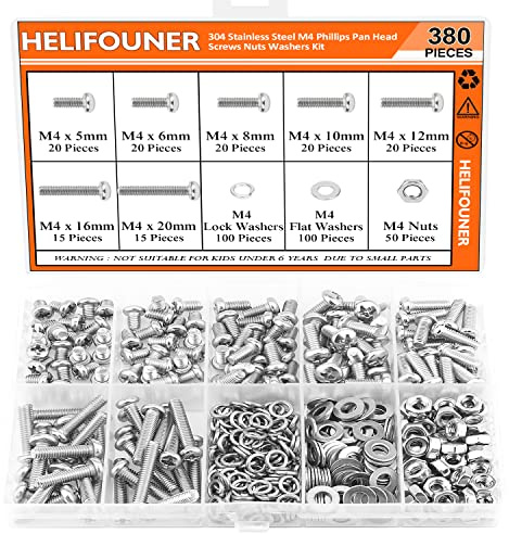 HELIFOUNER 380 Pieces M4 x 5mm /6mm /8mm /10mm /12mm /16mm /20mm, Phillips Pan Head Machine Screws, Metric Screws Bolts Washers Nuts Kit, 304 Stainless Steel
