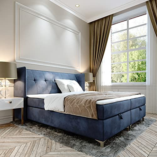 FURNISTAR Boxspringbett Doppelbett LIND - 160x200cm Bett mit Bonellmatratze, mit Bettkasten für Bettwäsche und Topper. EIN Bett mit einem klassischen, konturierten Kopfteil (Velvet 79, 160x200)