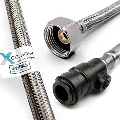 Xcel Home WRAS Approved PushFit Flexible Connector with Isolation Valve 15mm x 3/4 BSP (300mm Long) | 3 Lengths Available | Kitchen Sink/Bathroom Basin Stainless Steel Braided Flexi Tail | 1 Pipe