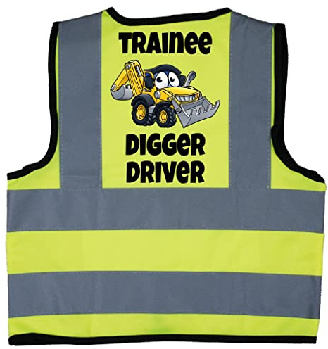 Acce Products Trainee Digger Driver Colour Excavator Baby Children Kids Hi Vis Safety Jacket Vest Size 4-6 Years Yellow Optional Personalised To Front