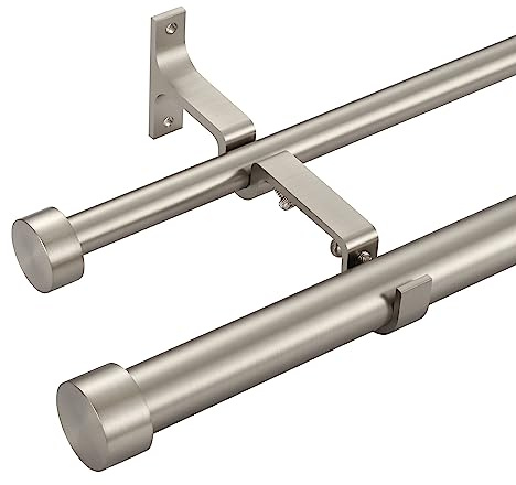 Double Curtain Rods for Windows 36-72 Inches, 1'' Front and 5/8''Back Double Drapery Rods with Premium Aluminum Brackets and End Cap Finials, Adjustable Brushed Nickel Double Window Curtain Rod