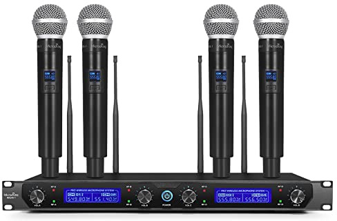 MicrocKing Kabelloses Mikrofonsystem, mit 4 Handmikrofonen, Metallbau, feste Frequenz, lange Reichweite 122 m, ideal für Party/Hochzeit/Kirche/Konferenz/Rede