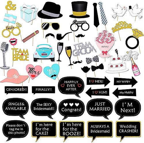 EUDUQ 52 pcs Wedding Photo Booth Props Kit 52pcs,Engagement and Bridal Shower Photo Booth Accessories,Wedding Party Decorations and Funny Selfie Props