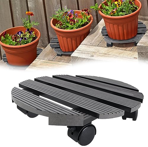 HENGMEI WPC Pflanzenroller Rund Anthrazit, 2 x Blumenroller mit 2 Feststellern, 100 kg Tragkraft, Pflanzenrollbrett Wetterfest für Innen Außenbereich