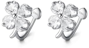 Reffeer Ohrclips aus massivem 925er-Sterlingsilber mit kubischen Zirkonia und Blumen-Clip-On-Ohrmanschetten für Frauen und Mädchen, Blumenklee-Manschettenohrringe, nicht durchdringend