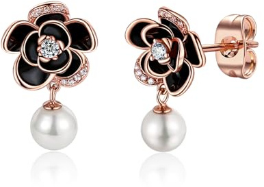 MYBELLNA 14K Gold zierliche Blume Ohrringe | Schwarze Rose Gold Blume Perle Ohrstecker für Frauen Sterling Silber Post Hypoallergene Ohrringe für Frauen Mama Sie