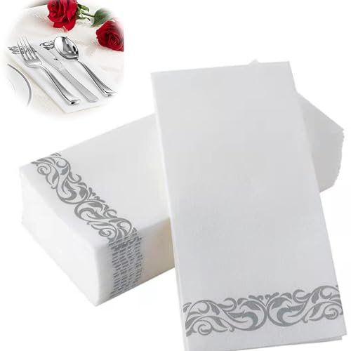 Vokowin 50pcs White and Silver Napkins,Disposble Cloth Like Napkins, Dinner Napkins,Disposble Hand Towels, Paper Napkins,Foldable Suitable for Wedding, Party, Birthday 12x17inch (K313-50)