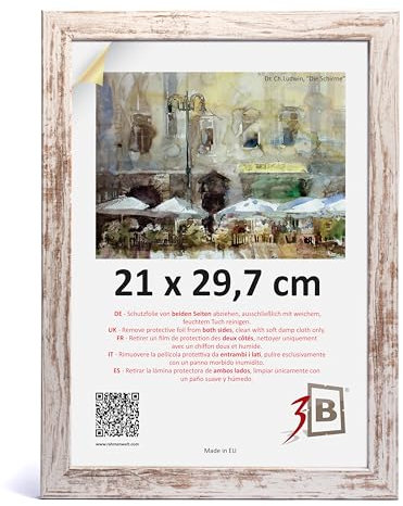3-B Cornice portafoto HIT – bianco rustico (bianco invecchiato otticamente con venature del legno visibili) – 21 x 29,7 cm (A4) – Cornice in legno, cornice per foto, cornice per documenti con vetro