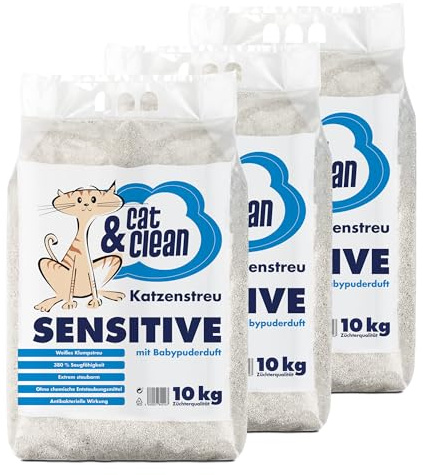 Cat & Clean Katzenstreu Der Extraklasse Klumpendes Einstreu Extrem Saugfähig Naturprodukt Aus Bentonit (Sensitive Babypuder, 30)