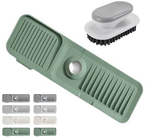 Cemssitu Splendiday Silicone Draining Mat, Silicone Draining Mat for Kitchen Sink, Faucet Handle Drip Catcher Tray, Sink Splash Guard Mat with Cleaning Brush, Kitchen Gadgets (Green,L(45 * 14cm))