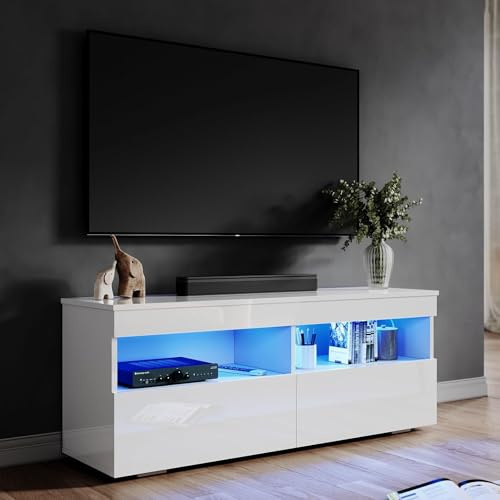 ELEGANT 1200mm Modern High gloss TV Stand Cabinet with LED Light | Television Unit TV Cabinet with Shelves and Drawers for Media Storage, Fits 22-47 Flat Screen 4K TVs, White