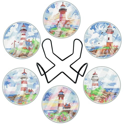 6 Stück Diamond Painting Untersetzer Mit Halter, 5D Mandala Diamant Tassenuntersetzer mit Schutzfilm, Diamond Painting Erwachsene Art Untersetzer für Heim Dekorationen (Leuchtturm-07)