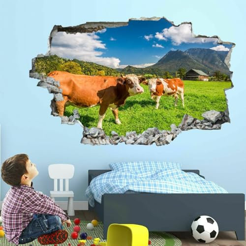 Pegatinas De Pared Rota 3D Vaca Lechera Arte Mural De La Pared Pradera Verde Cielo Azul Calcomanía De Pared De Fondo De Sala De Estar Para Dormitorio Infantil, Decoración Del Hogar Extraíble