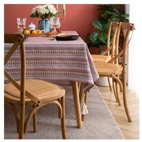 Daesar Tischdecke 140x300CM Outdoor, Tischtuch Polyester Baumwolle Boho Bedruckt Geometrie Muster mit Quasten Tischdecken Abwaschbar für Draußen Garten