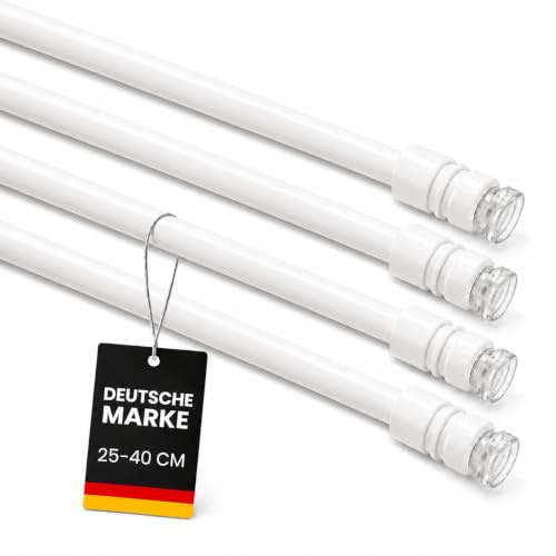 Klemmstange ohne Bohren stufenlos ausziehbar 25–40cm Weiß Ø14mm Metall | Gardinenstange zum Klemmen, kein Kleben, Gummipuffer, für Scheiben- & Bistrogardinen, perfekt für Mietwohnungen & Küche