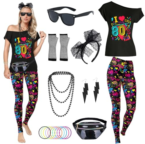 TOLOYE 80s Fancy Dress and Costume Set with Neon Accessories - T Shirt, Pantalon, Fanny Pack for Women - Vintage Hippie Disco Outfit for Carnival Party