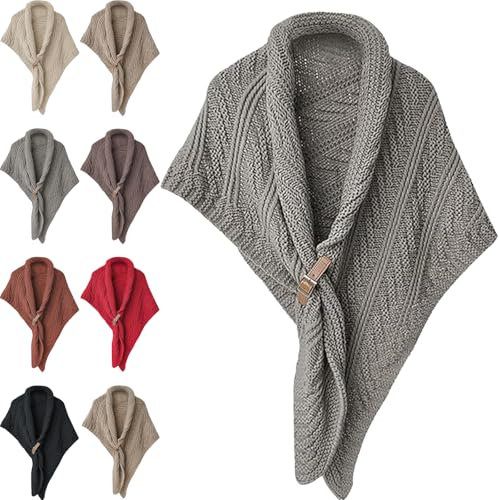 Multifunktionaler Dreieckstuch für Damen, gestrickter Dreieckstuch mit Lederschnalle, lässiger vielseitiger Schal, grau, Einheitsgröße