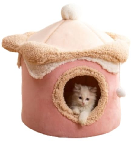 Kattsängar för inomhus, kattgrotta säng Igloo, katttält sänghus med avtagbar kudde, halv omgiven känsla av säkerhet för förbättrad sömn och avkoppling (rosa, L)