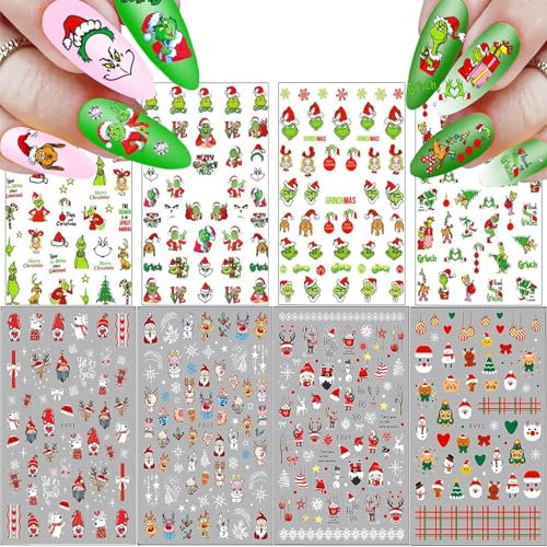 Nagelsticker Weihnachten Deko, 8 Blatt Selbstklebend Nagelaufkleber Reiche Muster, Nagelaufkleber für Silvester Deko