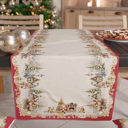 PETTI Artigiani Italiani - Chemin de Table de Noël 140x40 cm en Microfibre Anallergique, Élégant et Lavable, Décoration Festive pour Salon et Cuisine, Motif 'Vintage Xmas', 100% Fabriqué en Italie
