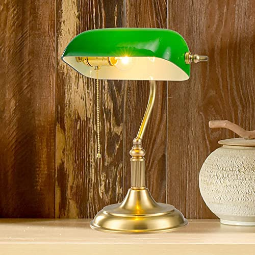 Lampada da banchiere vintage in ottone Lampada da tavolo antica classica Art Déco, Lampada da banchiere retrò in vetro con paralume in oro e verde, Illuminazione per interni E27, Luci, Lampade,