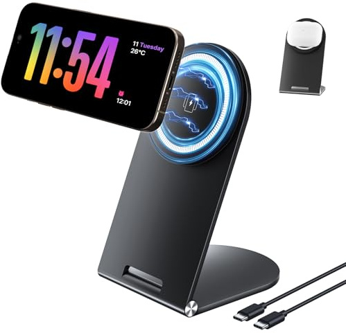 CHELUXS Wireless Charger, 15W Fast Magnetic Charger Stand Compatible with iPhone 16/15/14/13/12 Series, Portable Wireless Charging Station for Airpods 4/3/2/Pro/Pro2 (No AC Adapter)