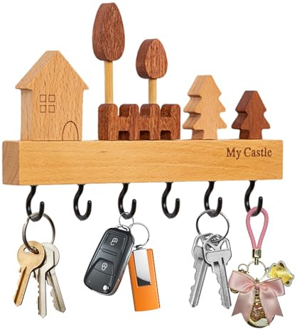 GAESHOW Schlüsselbrett Holz mit 6 Haken, Schlüsselhalter Wand, Schlüsselaufhänger Ohne Bohren und Bohren Installation, Schlüsselboard für Wohnzimmer, Flur, Büro, Küchen (A)