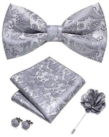 JEMYGINS Herren Paisley Fliegen set inklusive Einstecktuch Manschettenknöpfen und Boutonniere geeignet für Hochzeitsbankette und Partys Silberweiße Basis