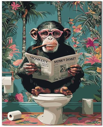 Qiukoo Peinture par numéros pour adultes - Motif singe amusant sur toilettes - 40 x 50 cm - Sans cadre - Kit de peinture à faire soi-même pour adultes et débutants - Kit de loisirs créatifs relaxants