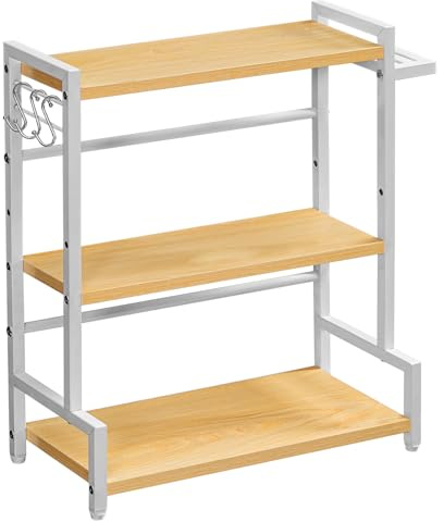 HOOBRO Kryddhylla, kökshylla med 3 krokar och knivhållare, kryddställ, köksförvaring på bänkskivan, kryddhållare, för kök, matsal, badrum, träfärg och vit EWN01TL01