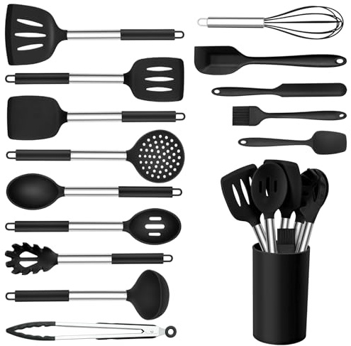 Onader Kitchen Utensils Set 15 Pcs Silicone Cooking Utensils Set with Holder and Heat Resistant Stainless Steel Handle for Nonstick Cookware - Black