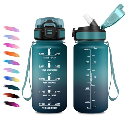 Borraccia Bambina 500ml, Bottiglia Motivazionale con Cannuccia, a Prova di Perdite, Facile Pulizia, Bottiglia Acqua con Indicatore del Tempo, Bottiglia per Ufficio, Escursionismo, Bambini, Yoga