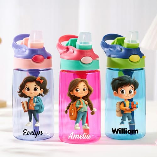 callie Bouteille d'Eau 475 ml Personnalisée avec Nom et Personnage d'Enfant 3D Gobelet avec Paille et Couvercle Cadeau d'Anniversaire pour Garçon Fille
